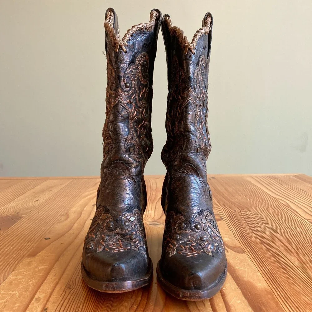 Corral Brown Leather Embroidered Braided Seam Western Boots - Size 7 - 0811GR
